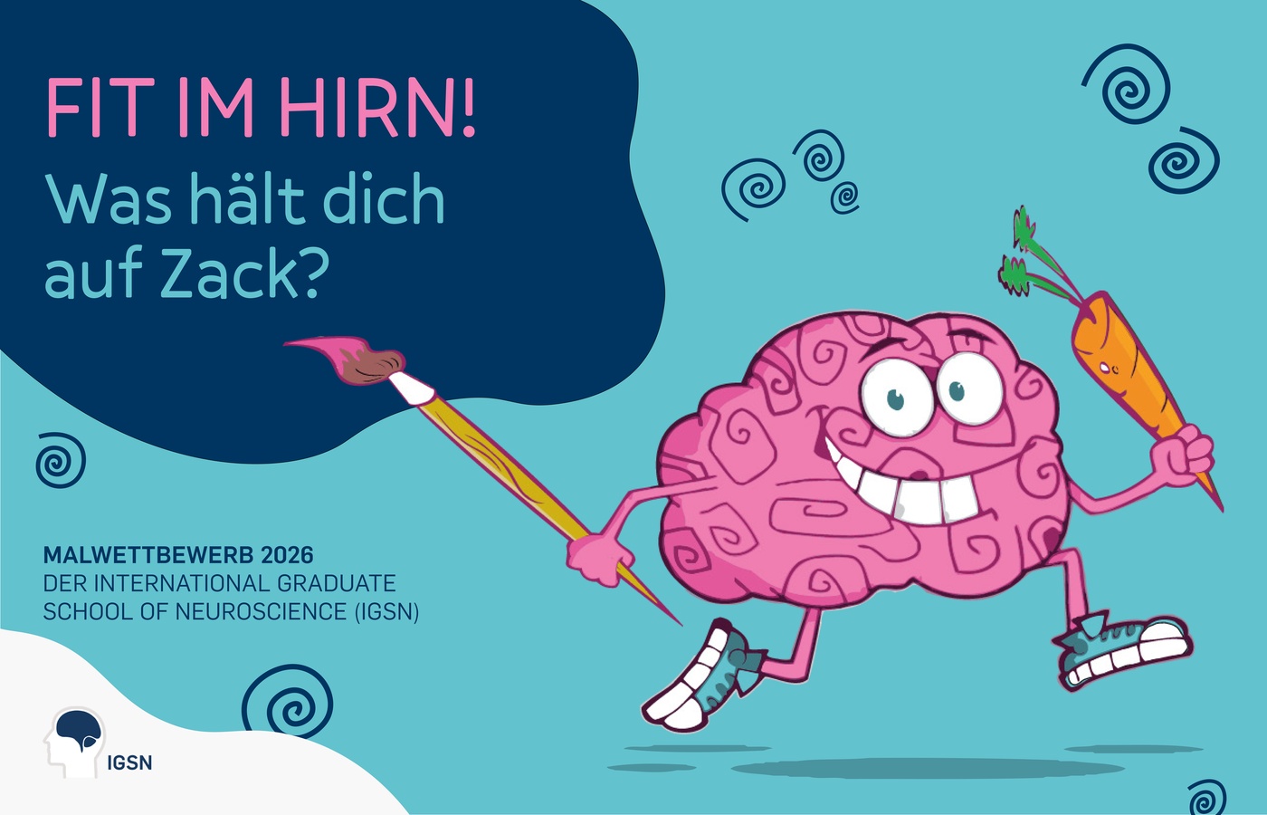 Poster for a writing competition on dementia by the International Graduate School of Neuroscience (IGSN). Title reads: “Opa nennt mich ‘Friedrich’ – Nur verpeilt oder schon dement?” A boy looks at a red fridge with reminder notes reading “Den Enkel heißt Paul,” “Heute ist Montag,” and “Herd aus?”.