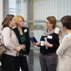 (From the left to the right) Student hosts Lauren Haag, Janna Aarse and Hannah Twarkowski in discussion with Oxana Eschenko