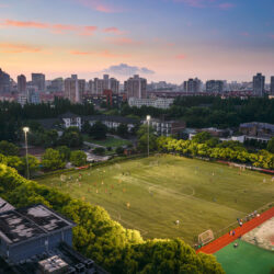 View from the lab over some nearby university sports facilities during sunset