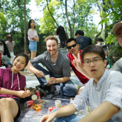 Spontaneous lab grilling party in the forest garden park