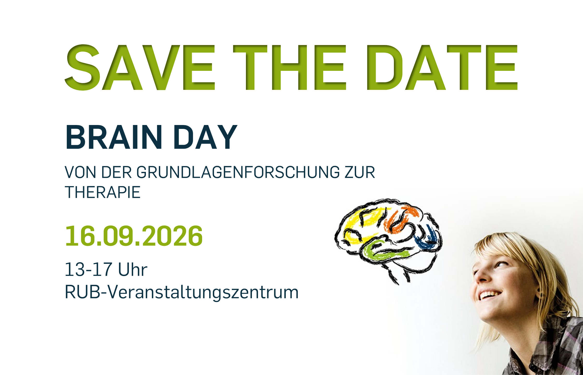 "Save the Date" announcement for Brain Day on September 16, 2026, at RUB-Veranstaltungszentrum. The banner includes a smiling woman looking up at a hand-drawn brain illustration, with text in German about the event details.