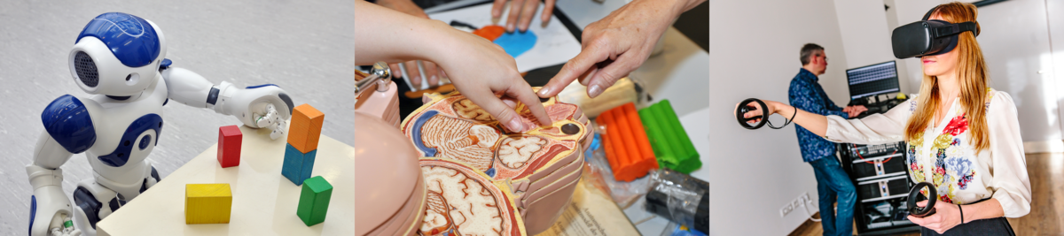 Three images: First, a robot interacting with colored blocks. Second, hands examining a detailed anatomical model of the human brain. Third, a woman using a virtual reality headset and controllers, with a person operating equipment in the background.