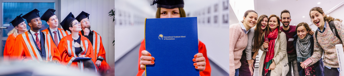 Three images: First, a group of graduates in orange gowns and caps looking upward and smiling. Second, a close-up of a graduate holding a blue diploma cover with 'International Graduate School of Neuroscience' text. Third, a group of six students smiling and having their photo taken indoors.