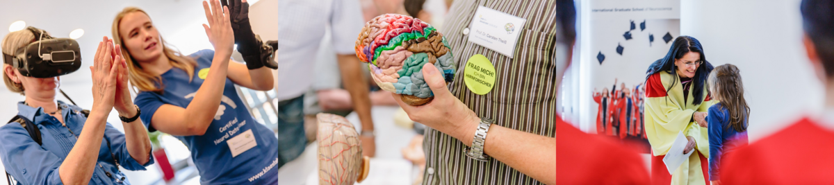 Three images: First, two people interacting with a virtual reality device. Second, a close-up of a hand holding a model of a human brain. Third, a woman in a yellow and red robe giving an award to a child.