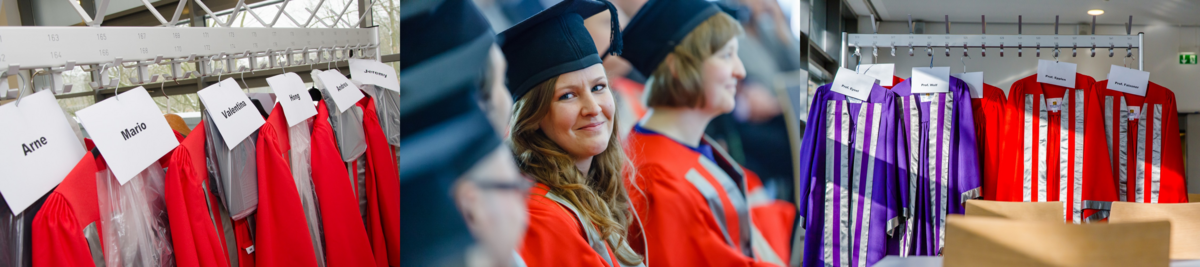 Three images: First, graduation gowns hanging on a rack with name tags. Second, a close-up of a smiling graduate wearing a cap and gown. Third, more graduation gowns with name tags hanging on a rack.
