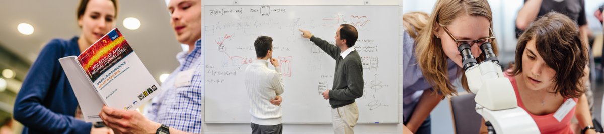 Three images: First, two people reading a conference booklet. Second, two men discussing equations on a whiteboard. Third, two young women examining a specimen under a microscope.