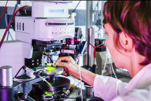 Researcher using a microscope in a biology and biotechnology lab