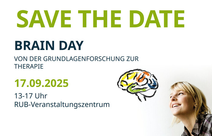 "Save the Date" announcement for Brain Day on September 17, 2025, at RUB-Veranstaltungszentrum. The banner includes a smiling woman looking up at a hand-drawn brain illustration, with text in German about research and therapy.