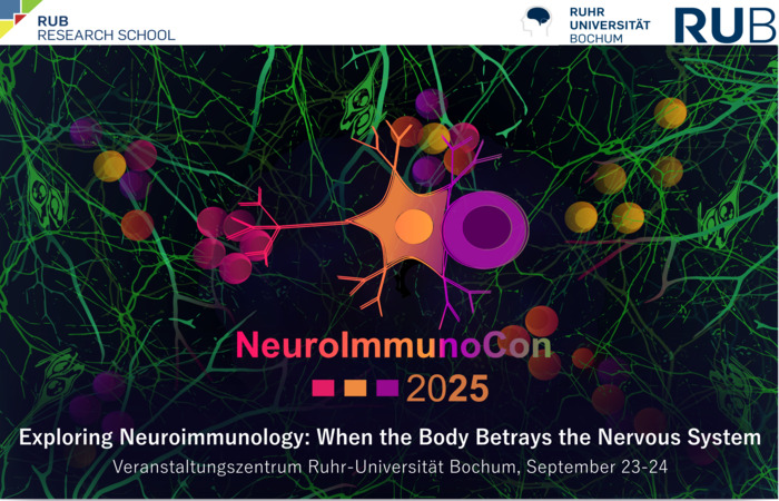 NeuroImmunoCon 2025 conference banner. The background features a stylized illustration of neurons with glowing synapses. The title reads 'Exploring Neuroimmunology: When the Body Betrays the Nervous System'. The event takes place at Ruhr-Universität Bochum on September 23-24.