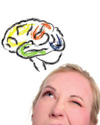 A woman squinting while looking up at a hand-drawn brain illustration, symbolizing thinking, cognition, and memory.
