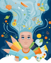 Illustration of a child surrounded by colorful art supplies and scientific symbols, with their hair transforming into a stream of numbers, planets, and technology-related icons, representing creativity and knowledge.