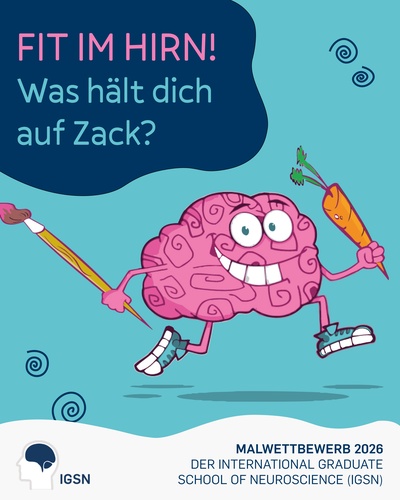 Illustration for the IGSN Painting Competition 2026, showing a cartoon brain running with a paintbrush and carrot under the slogan “Fit im Hirn! Was hält dich auf Zack?”